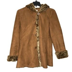 Coldwater CREEK Faux Fur-Lined Hooded Winter Faux Suede Coat - Size 8 - Like New